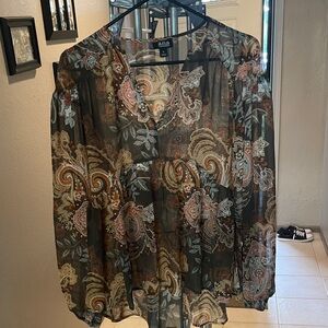 a.n.a Women's Sheer Paisley Blouse - orange/ light blue and Brown